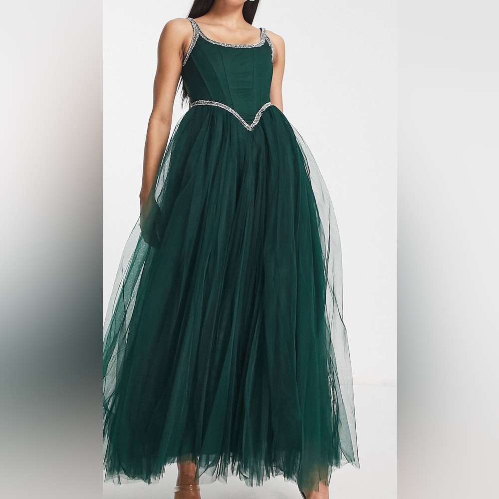 Lace & Beads exclusive corset embellished maxi dress in emerald green